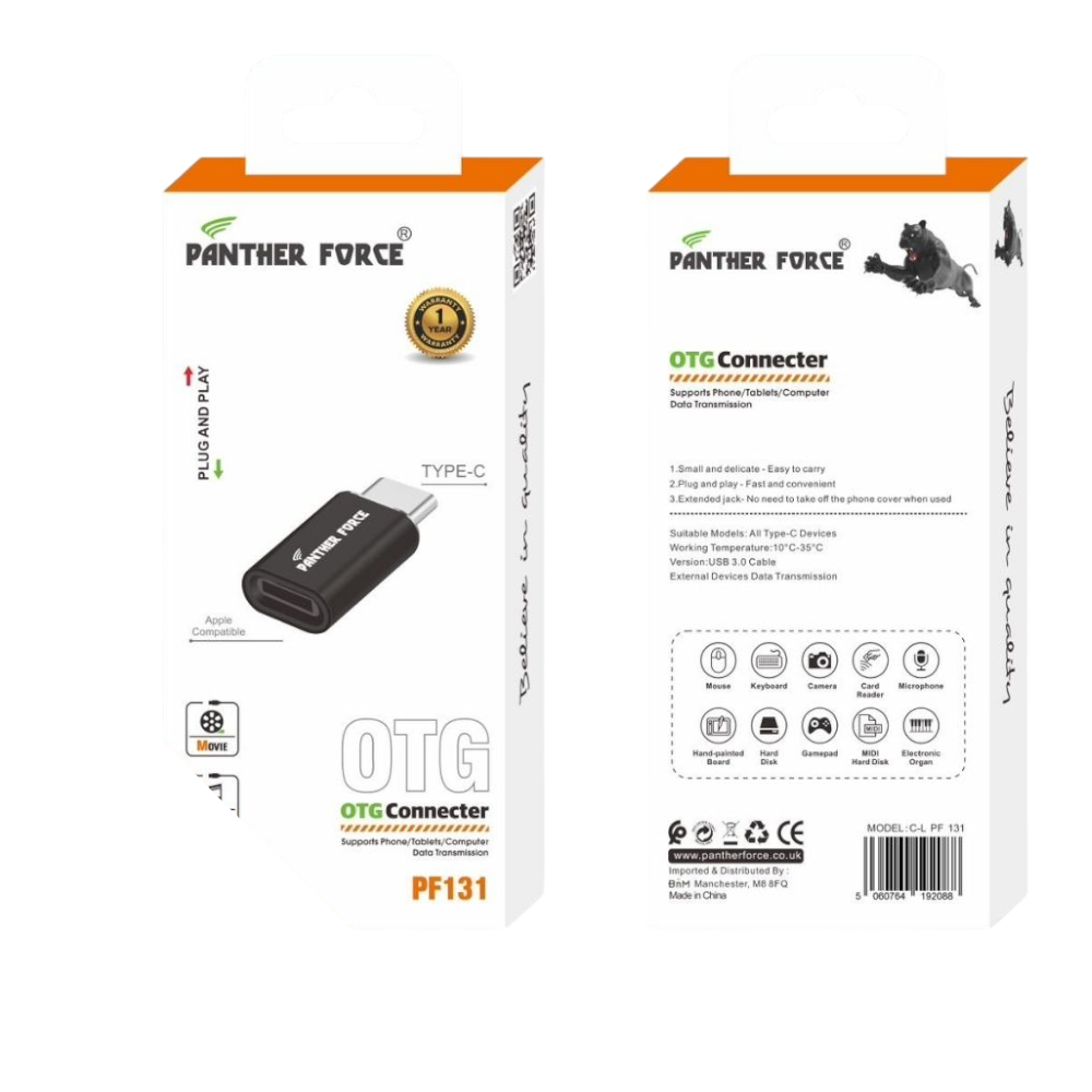 Panther Force Type-C OTG Connector - PF131 - Universal Connectivity & High-Speed Data Transfer Panther Force Type-C OTG Connector - PF131 - Universal Connectivity & High-Speed Data Transfer